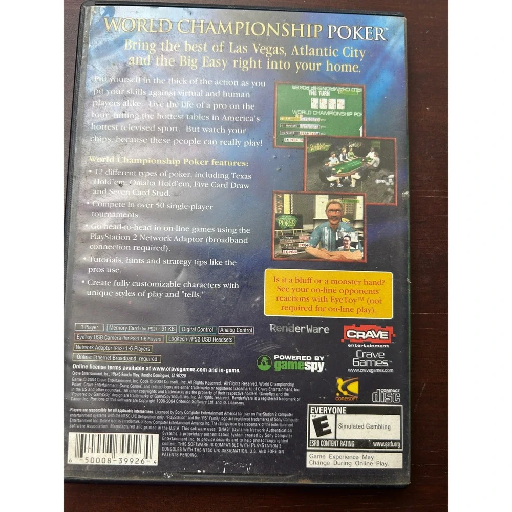 World Championship Poker Sony PlayStation 2 PS2 2004 Crave SLUS-21028 CIB